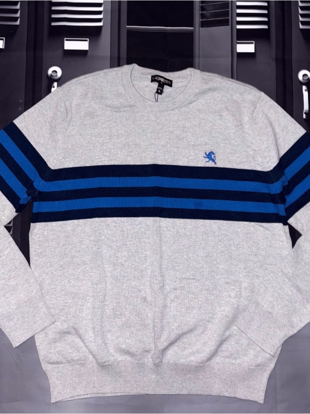 Express Men’s Light Gray Crewneck Sweater with Navy and Royal Blue Stripes